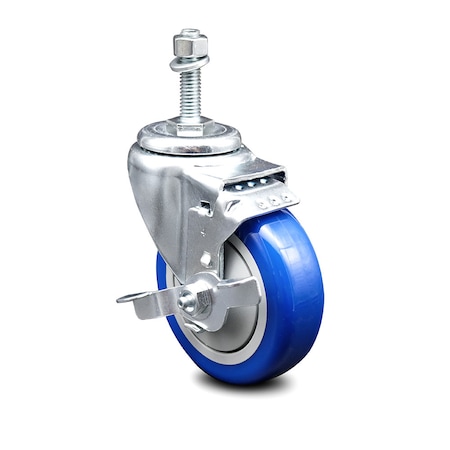 4 Inch Blue Polyurethane Wheel Swivel 10mm Threaded Stem Caster With Brake